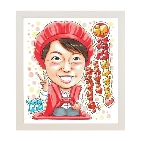 赤いちゃんちゃんこで座る女性の還暦祝い似顔絵｜ピースで笑う60歳の記念
