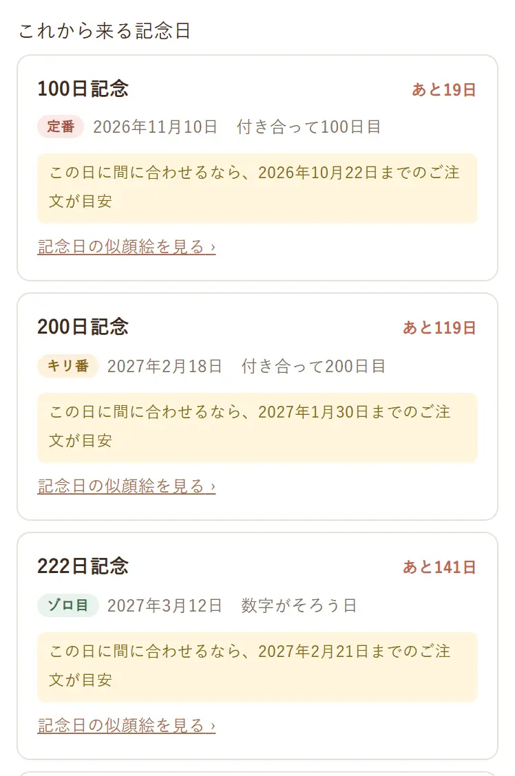 付き合った日から数えた記念日の一覧。100日記念・200日記念・222日記念