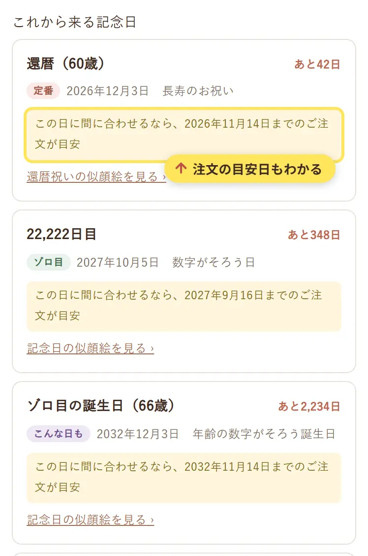 これから来る記念日の一覧。還暦(60歳)の日付と、間に合わせるためのご注文の目安日