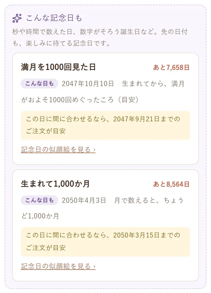 「こんな記念日も」の一覧。満月を1000回見た日、生まれて1,000か月