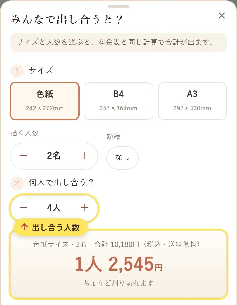 サイズ・描く人数・額縁・出し合う人数を選ぶ画面と、1人あたりの金額