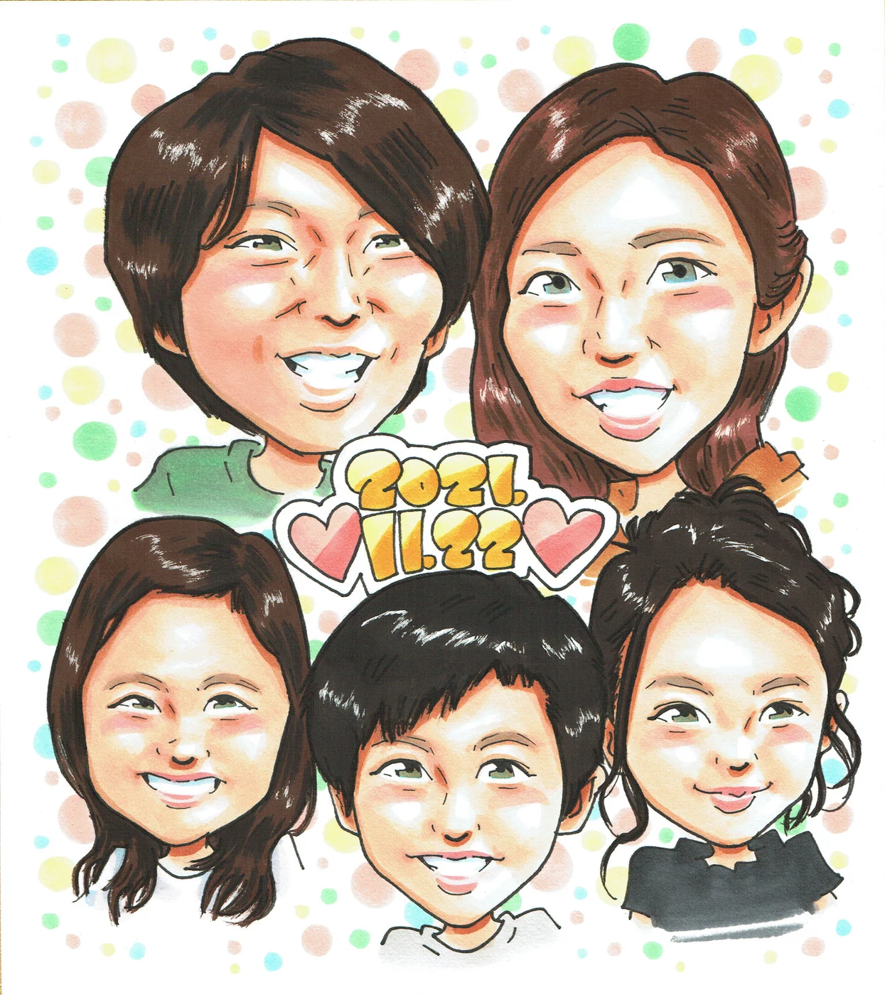 五人家族の笑顔を集めた記念似顔絵
