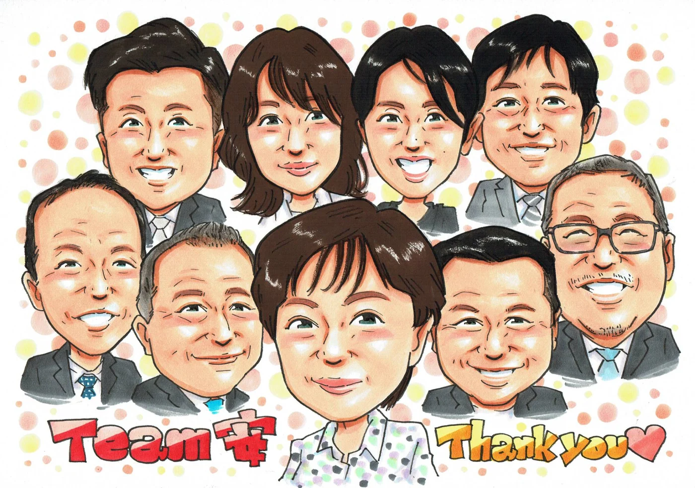 中央の女性とスーツ姿の仲間8人を描いた「Thank you」の感謝の似顔絵